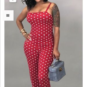 Red and white polka dot jump suit.